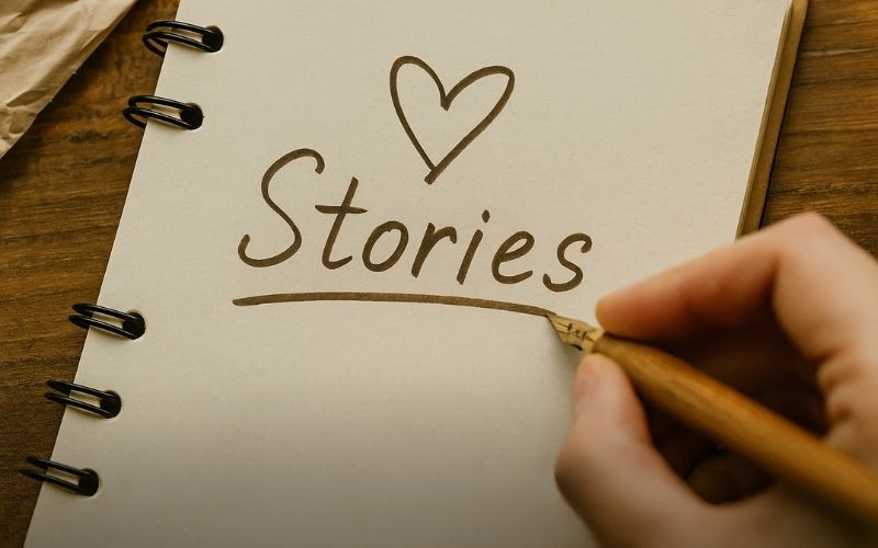 Autentickosť sa nedá nahradiť, stránka O mne a jej dôležitosť Detail ruky píšucej slovo „Stories“ do zápisníka, symbolizujúci význam autentických príbehov pre dôveru návštevníkov na webe.