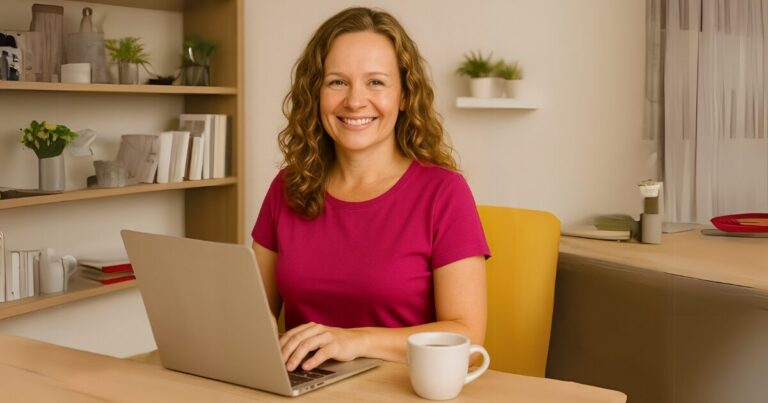 Lucy píše články na blog v ružovom tričku