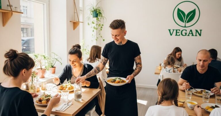 Svetlá vegánska reštaurácia s priateľskou alternatívnou obsluhou a hosťami, ktorí si vychutnávajú rastlinné jedlá v pokojnej a radostnej atmosfére