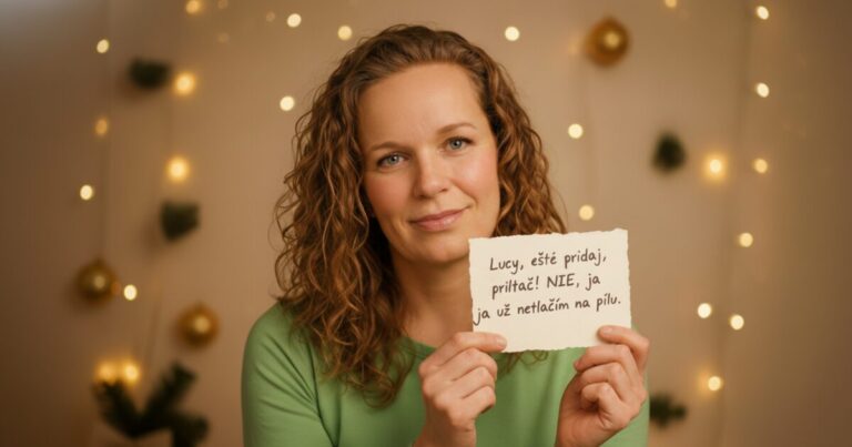 Lucy s kartičkou o netlačení, symbol viditeľnosti bez tlaku počas Vianoc