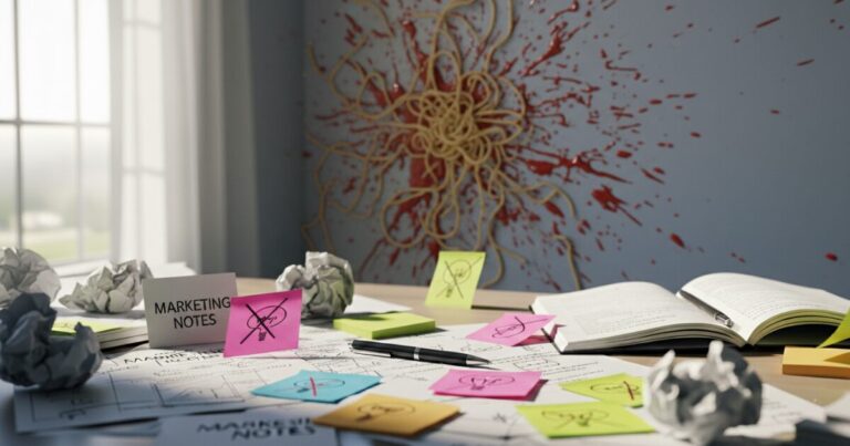 Špagety s paradajkovou omáčkou hodené na stenu ako metafora spaghetti marketingu, keď web automaticky neprináša klientov.