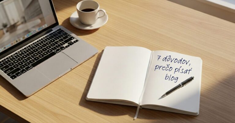 Otvorený zápisník s textom „7 dôvodov, prečo písať blog“ na pracovnom stole s laptopom a kávou