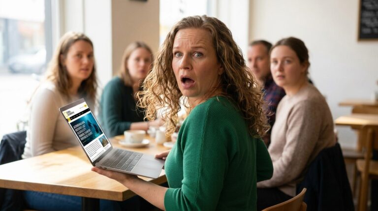Surprised woman in a green sweater shows a laptop to a group of friends at a cafe.
