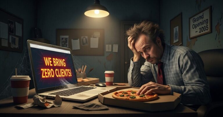 Unavený muž sedí pri počítači s nápisom „we bring zero clients“, čo symbolizuje web, ktorý neprináša klientov