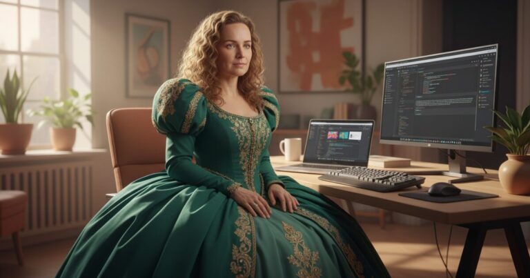 webdizajnérka v historických šatách pracuje na počítači – metafora nesúladu medzi prácou a jej prezentáciou