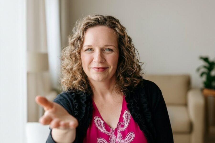 Lucy s natiahnutou rukou pozýva klientku k spolupráci v príjemnom prostredí