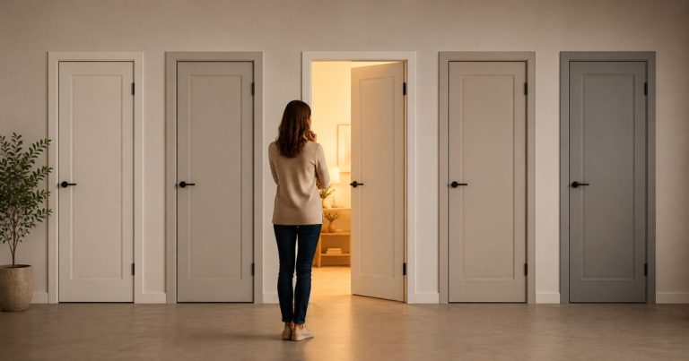 Žena si vyberá medzi podobnými dverami. Obrázok symbolizuje rozhodovanie medzi zdanlivo rovnakými možnosťami a rozdiely, ktoré sa ukážu až neskôr.