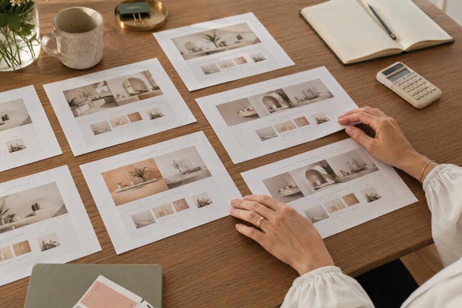 Website proposals laid out on a table while deciding how to choose a web designer without comparing price alone.