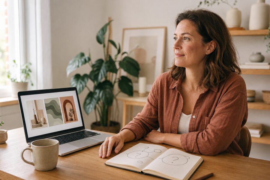 A woman at her laptop considering how to choose a web designer who understands her business.