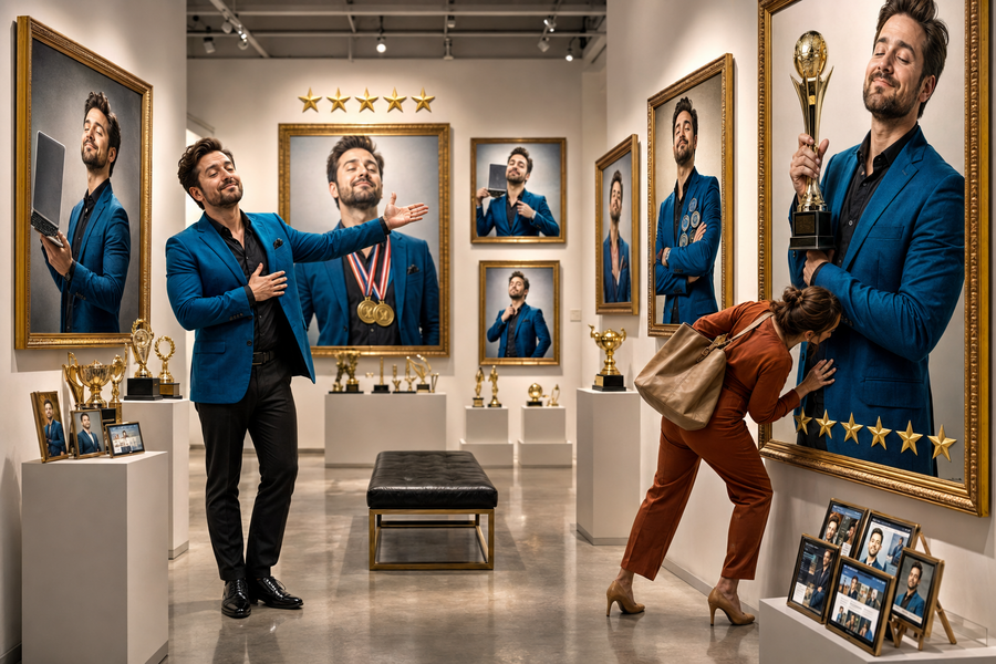 muzeum-ja-o-kom-je-vas-web-900x600 Webdizajnér sprevádza klientku galériou plnou vlastných portrétov, trofejí a hodnotení, zatiaľ čo ona na webe hľadá seba.