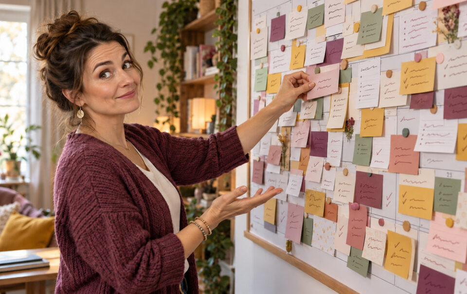 A woman adds another appointment to an overflowing work calendar.