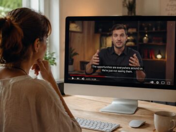 Žena sleduje YouTube video odborníka a premýšľa nad tým, ako web ovplyvňuje dôveru návštevníkov.
