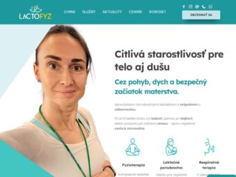 Náhľad webstránky LactoFyz s portrétom Veroniky a ponukou jej služieb – fyzioterapia, laktačné poradenstvo a respiračná terapia.