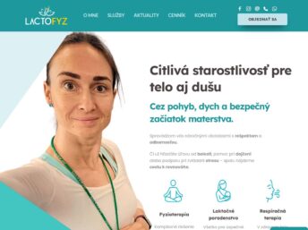 Náhľad webstránky LactoFyz s portrétom Veroniky a ponukou jej služieb – fyzioterapia, laktačné poradenstvo a respiračná terapia.