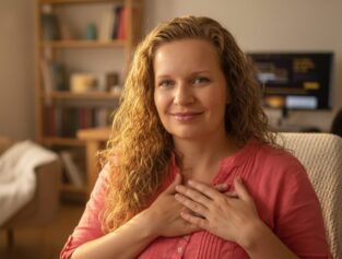 Lucy sa jemne usmieva a ukazuje na niekoho mimo záberu – symbol jej daru vidieť výnimočnosť druhých a pomôcť im stať sa viditeľnými cez blog.