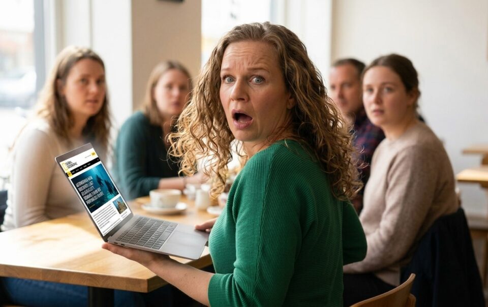 Surprised woman in a green sweater shows a laptop to a group of friends at a cafe.
