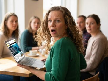 Surprised woman in a green sweater shows a laptop to a group of friends at a cafe.