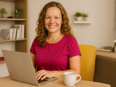 Lucy píše články na blog v ružovom tričku