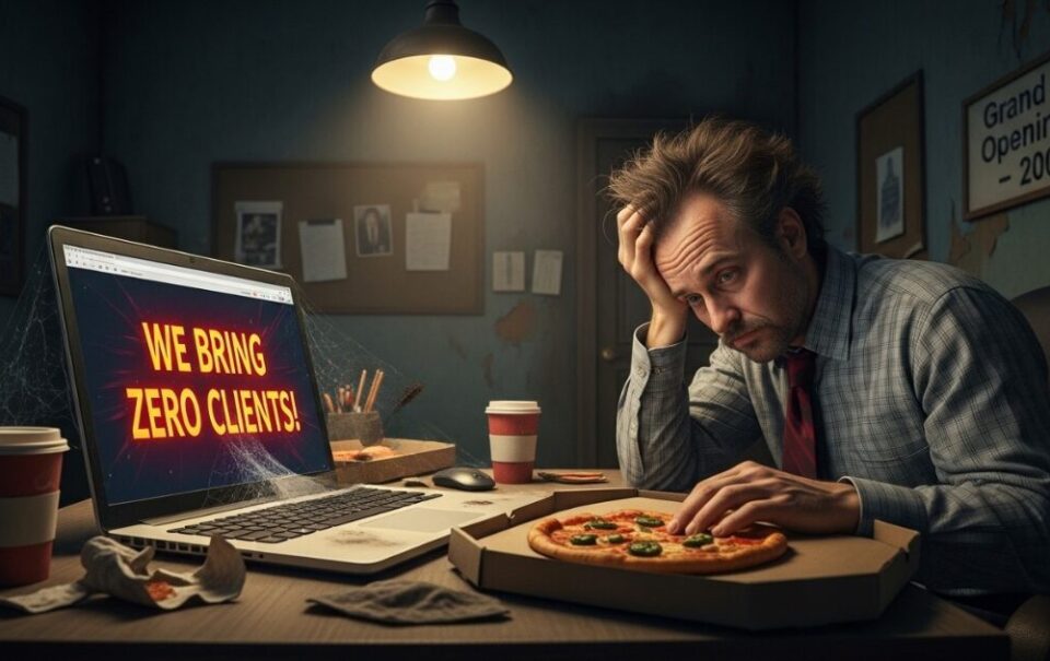 Unavený muž sedí pri počítači s nápisom „we bring zero clients“, čo symbolizuje web, ktorý neprináša klientov