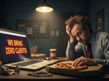 Unavený muž sedí pri počítači s nápisom „we bring zero clients“, čo symbolizuje web, ktorý neprináša klientov