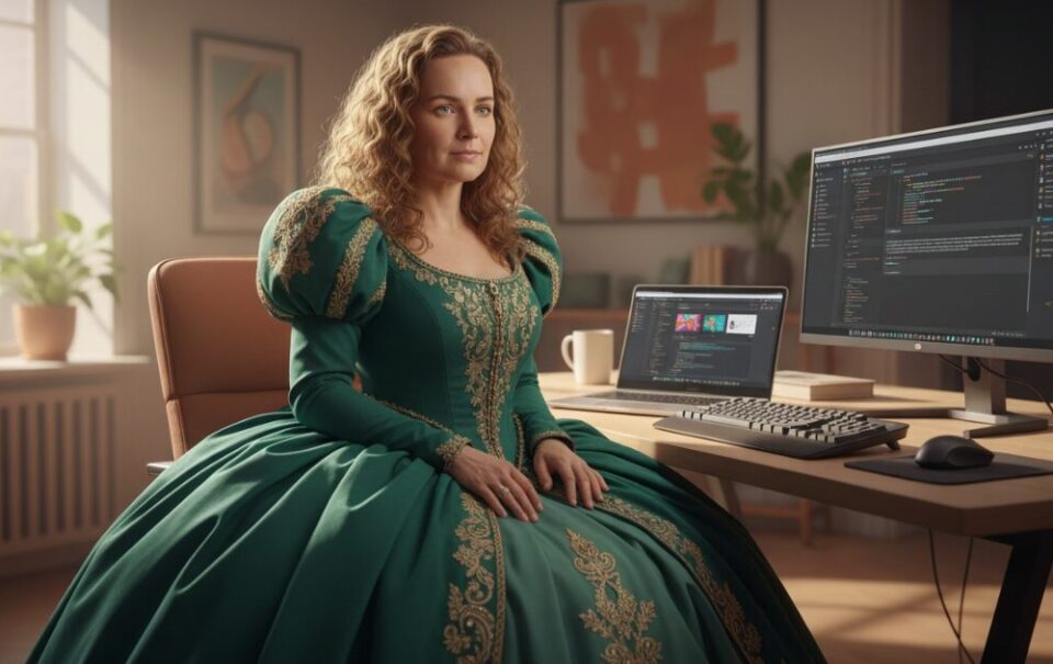 webdizajnérka v historických šatách pracuje na počítači – metafora nesúladu medzi prácou a jej prezentáciou
