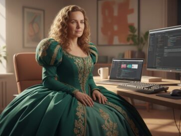 webdizajnérka v historických šatách pracuje na počítači – metafora nesúladu medzi prácou a jej prezentáciou